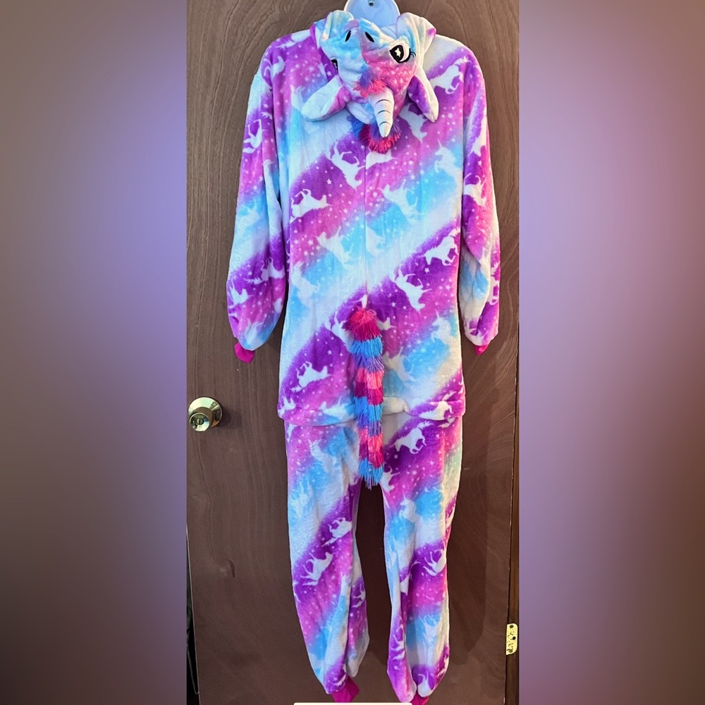 Multicolored pink unicorn adult onesie fleece pajamas.